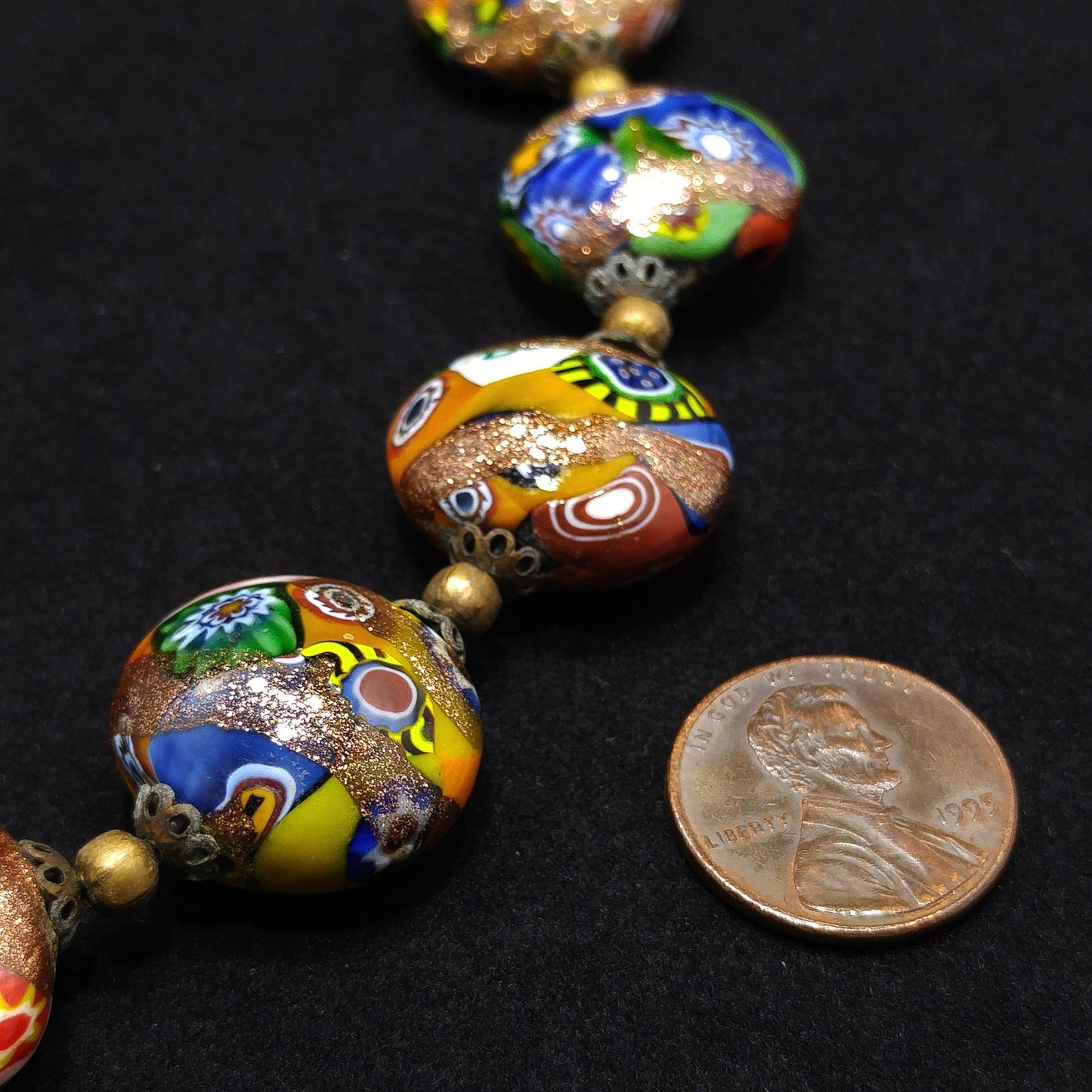 Italian Millefiori Venetian Glass Necklace & Earrings, Aventurine Glitter Beads