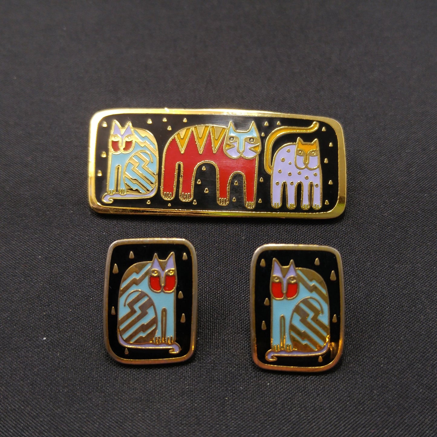 Vintage Laurel Burch "Fantastic Felines" Brooch & Earrings, 1980s
