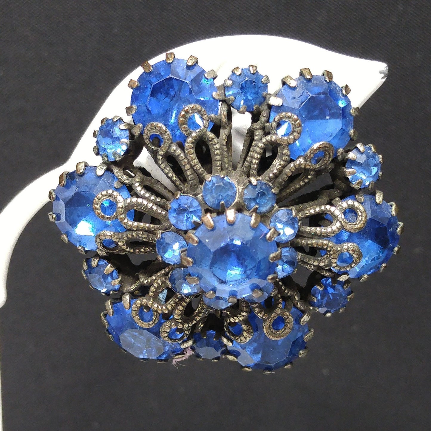 Vendome Blue Rhinestone Floral Clip Earrings, Antiqued Silver Tone, 1950s Vintage Jewelry