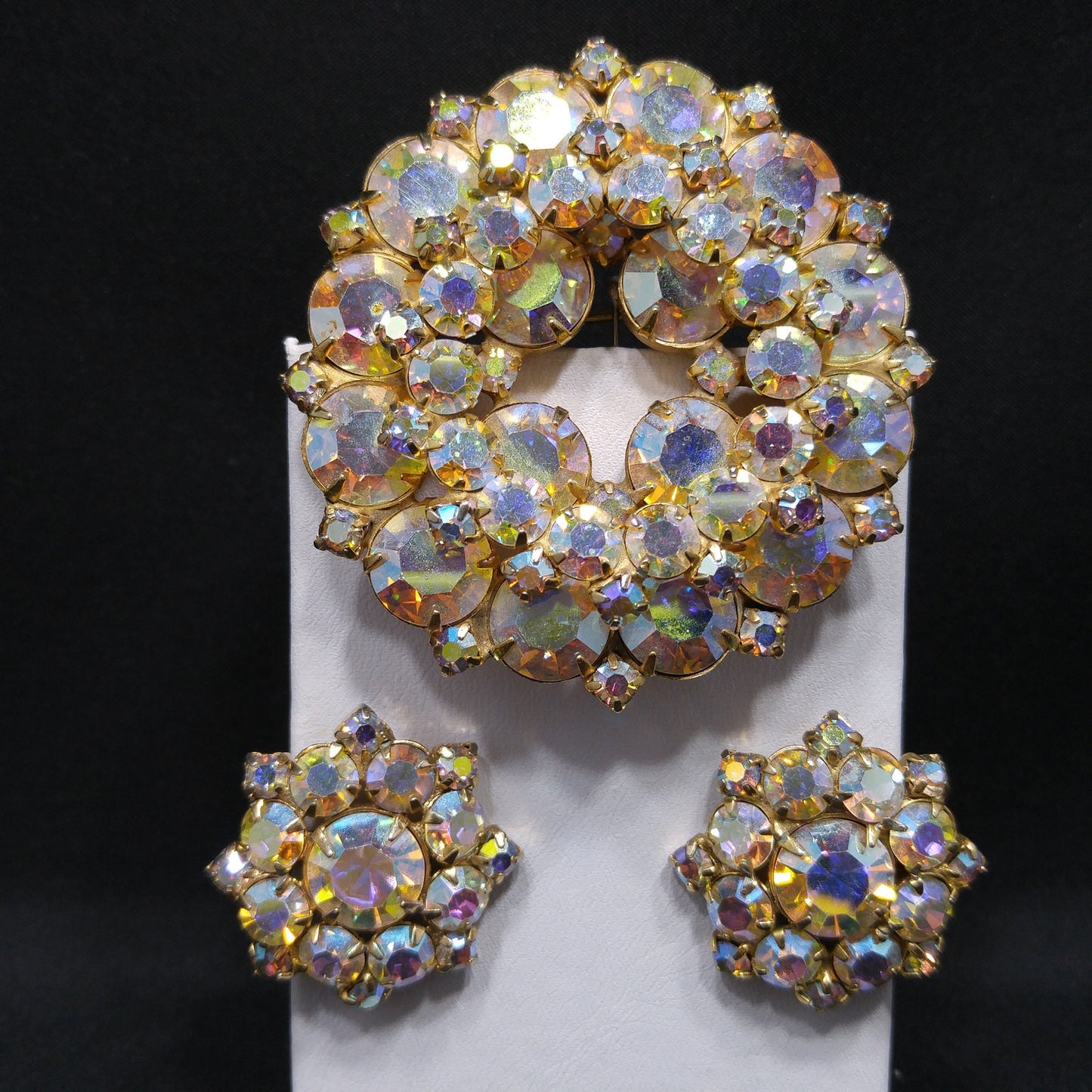 Vintage Unsigned Juliana or Weiss Brooch Earrings Set, Gold Plated, 1960