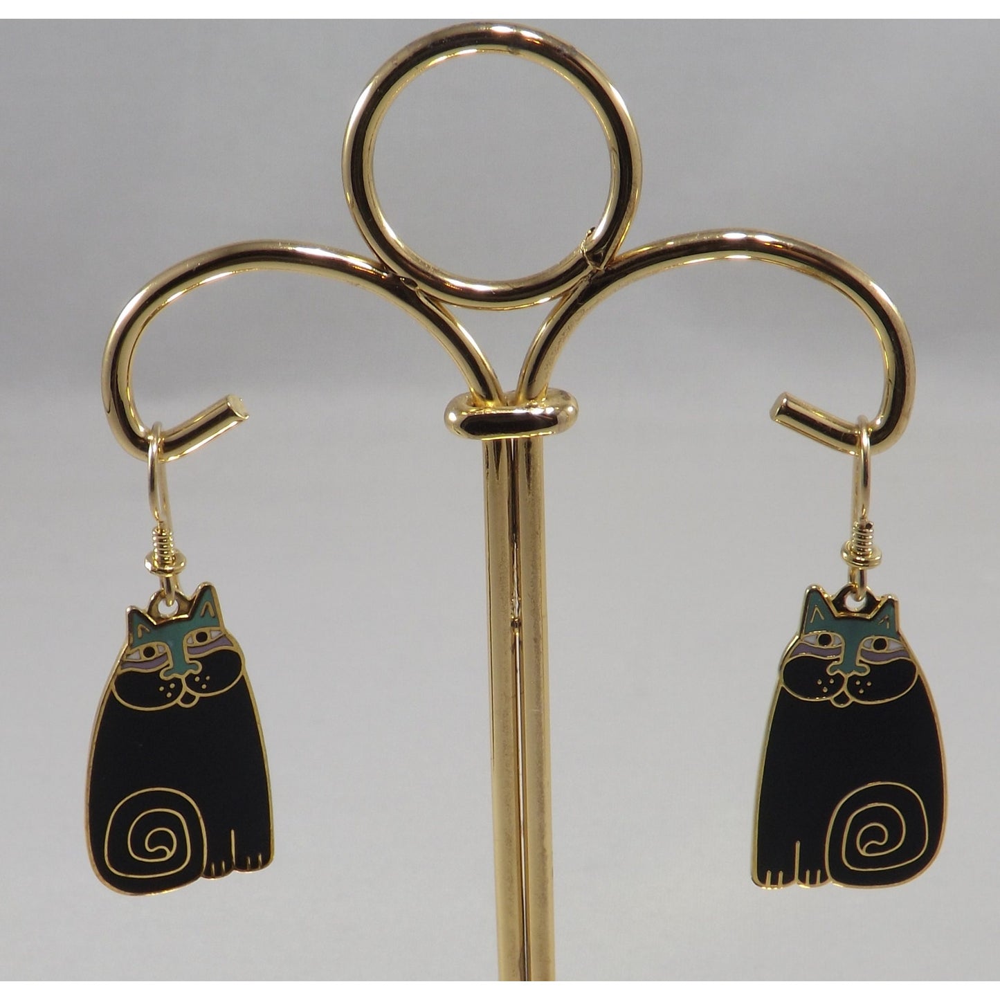 Laurel Burch "Olivia" Cat Earrings, Gold Plated, Black Enamel, 1980s Vintage