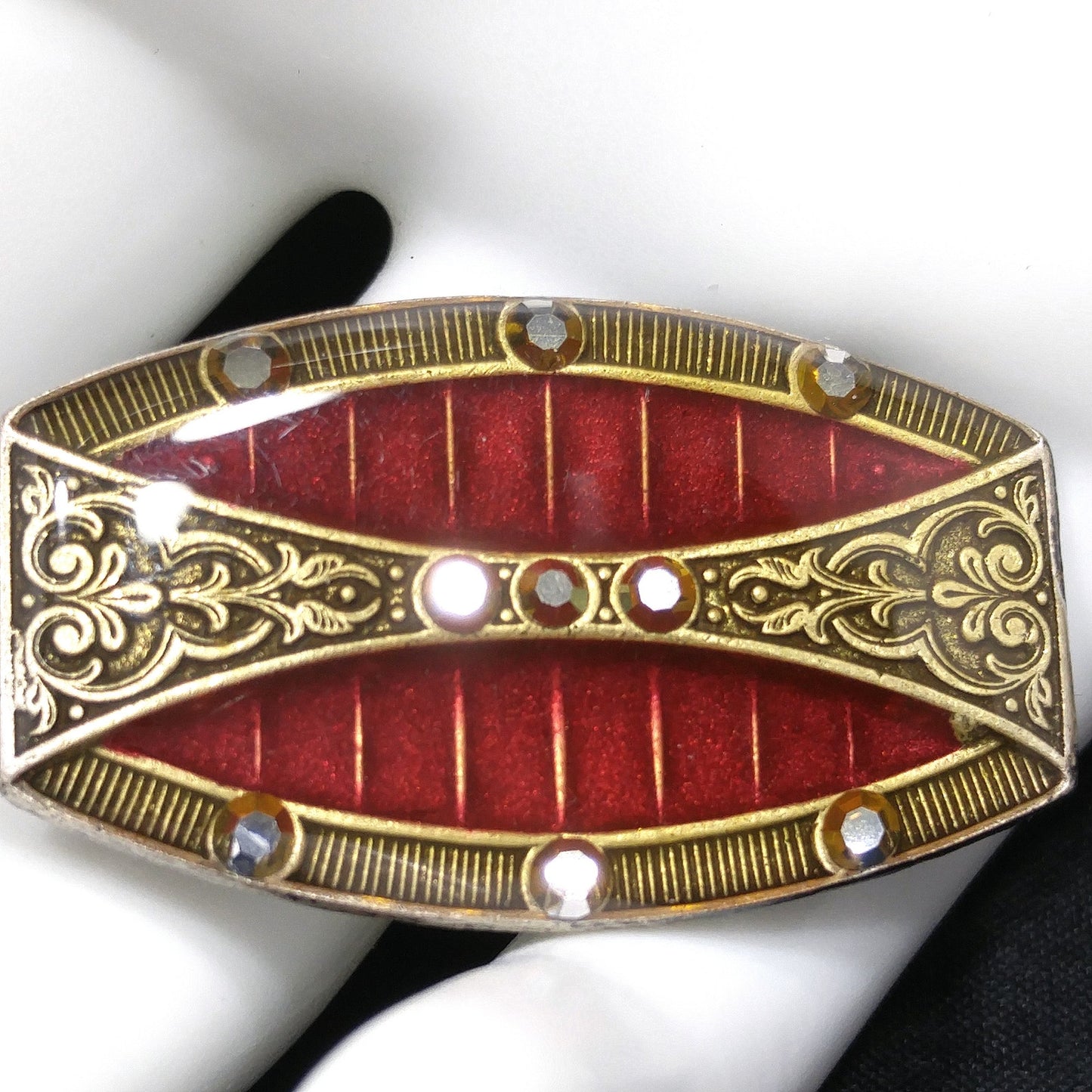 Catherine Popesco Red Enamel Art Deco Brooch, Rhinestones Under Enamel, France, 1980s Vintage Jewelry
