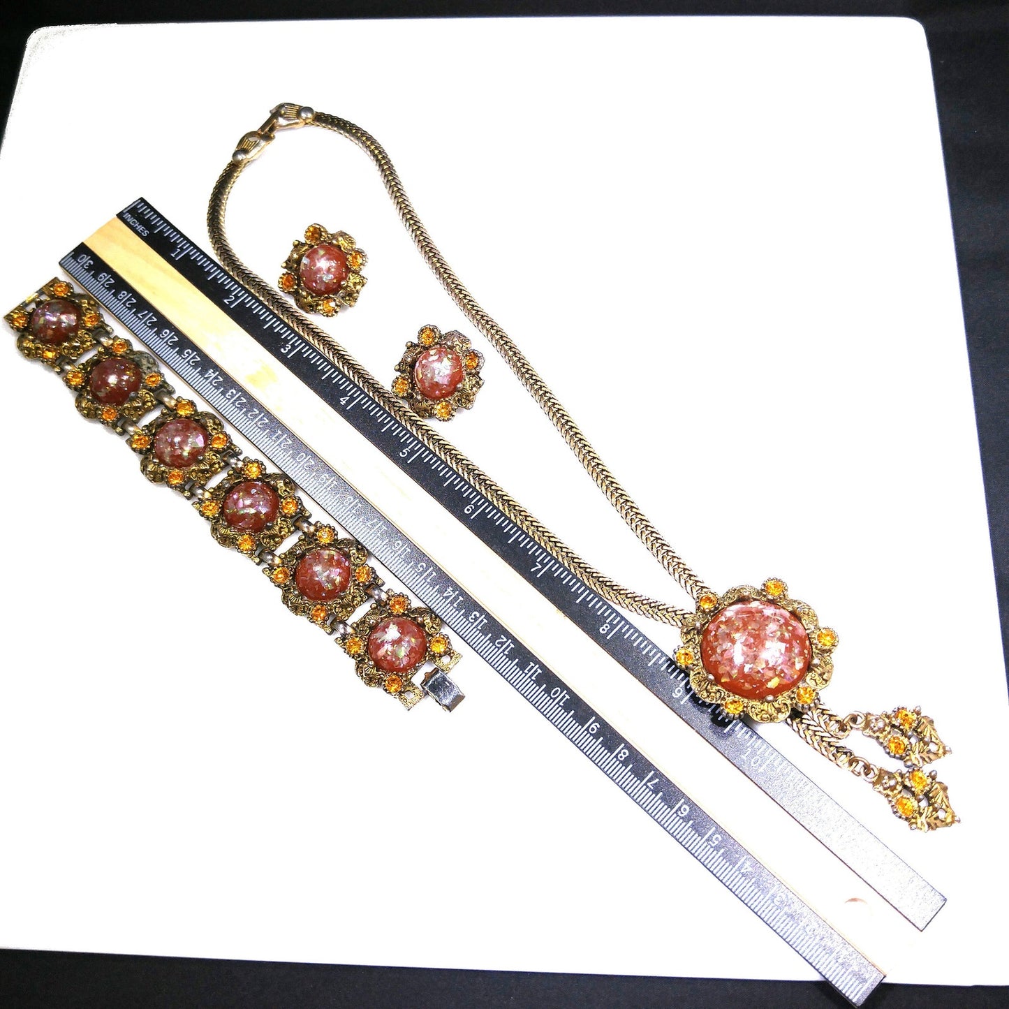 Glitter Lucite Light Topaz Rhinestones Jewelry Set, Necklace Bracelet Clip Earrings, 1950s Vintage Jewelry