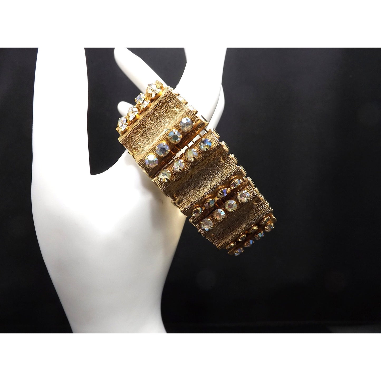 Vintage LERU Aurora Borealis Rhinestone Bracelet, Gold Plate Mid-Century, 7 1/8"
