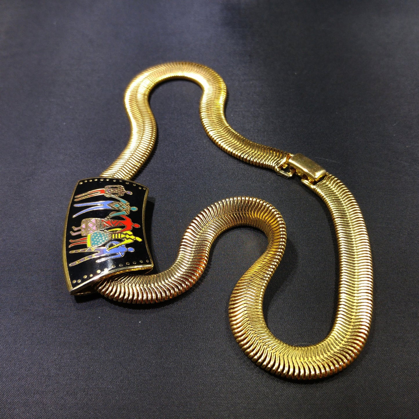 Laurel Burch "Familia" Cloisonne Necklace, Gold Plated Omega Chain, 1980s