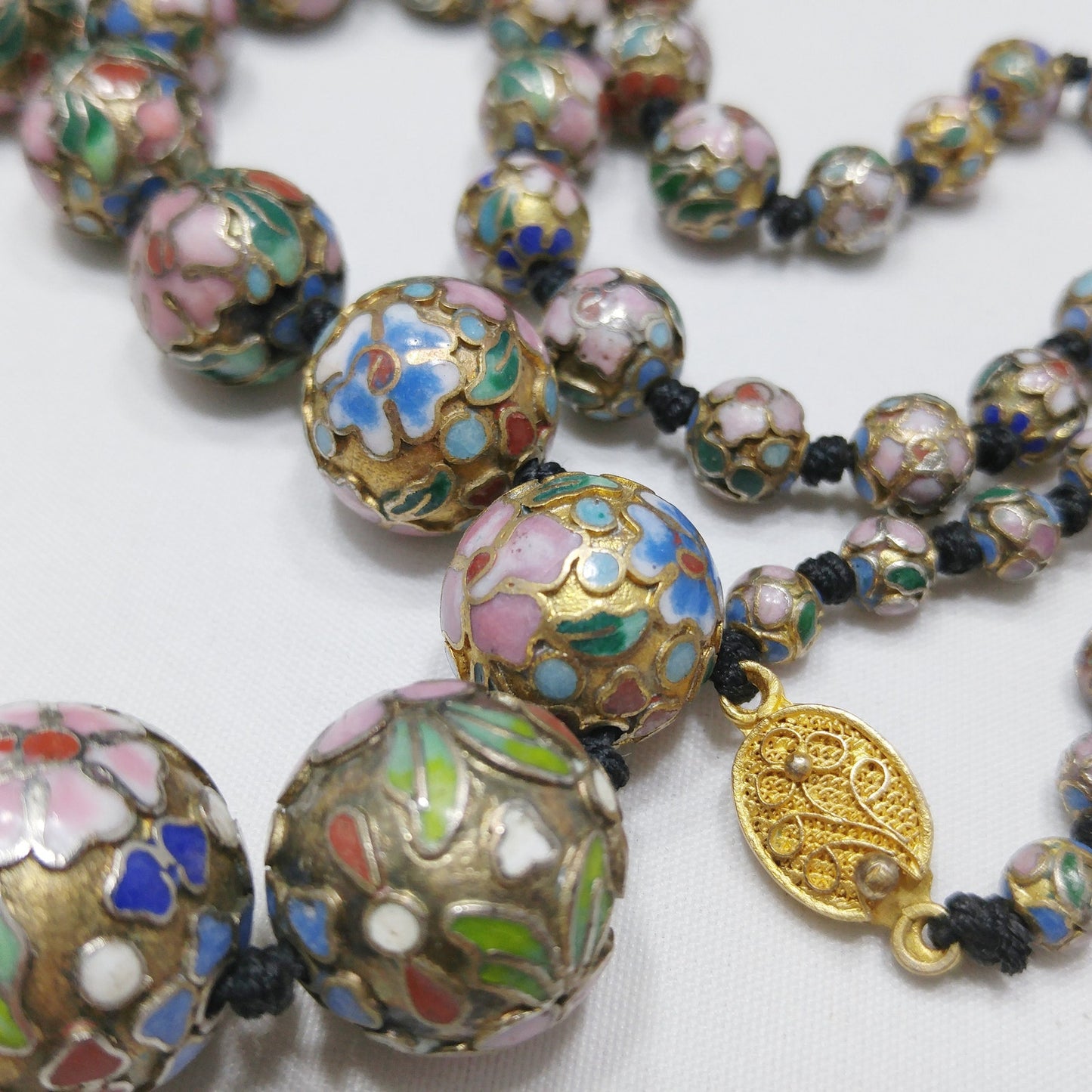Vintage Cloisonne Beaded Necklace, Hand Knotted, Hand Painted Floral Beads, 1960