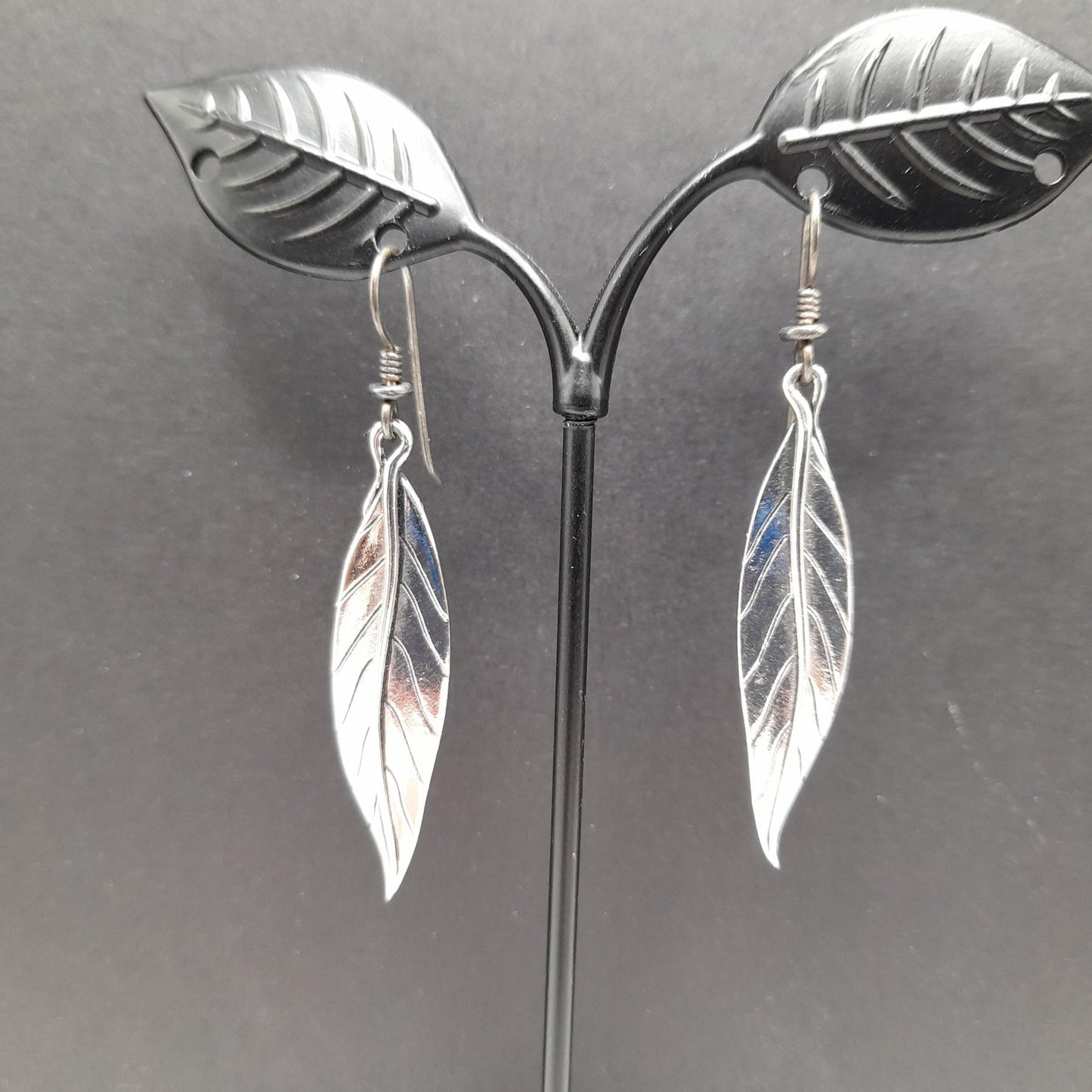 Vintage Laurel Burch Leaf Drop Earrings, Rhodium Plated Leaves
