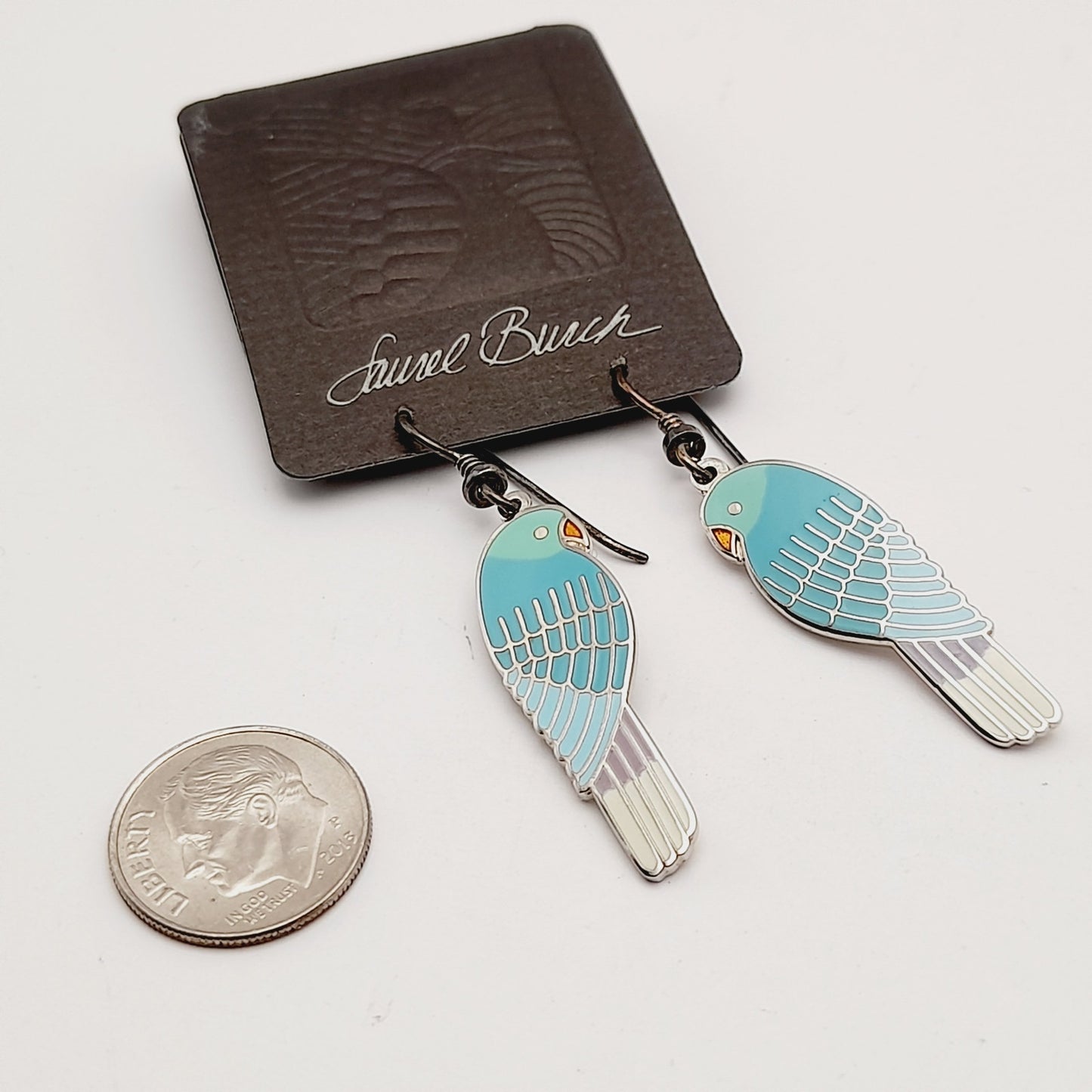 Vintage Laurel Burch Lorikeets Light Blue Enamel Rhodium Plated 1988 Earrings - Silver Plated Earwires - Original Card