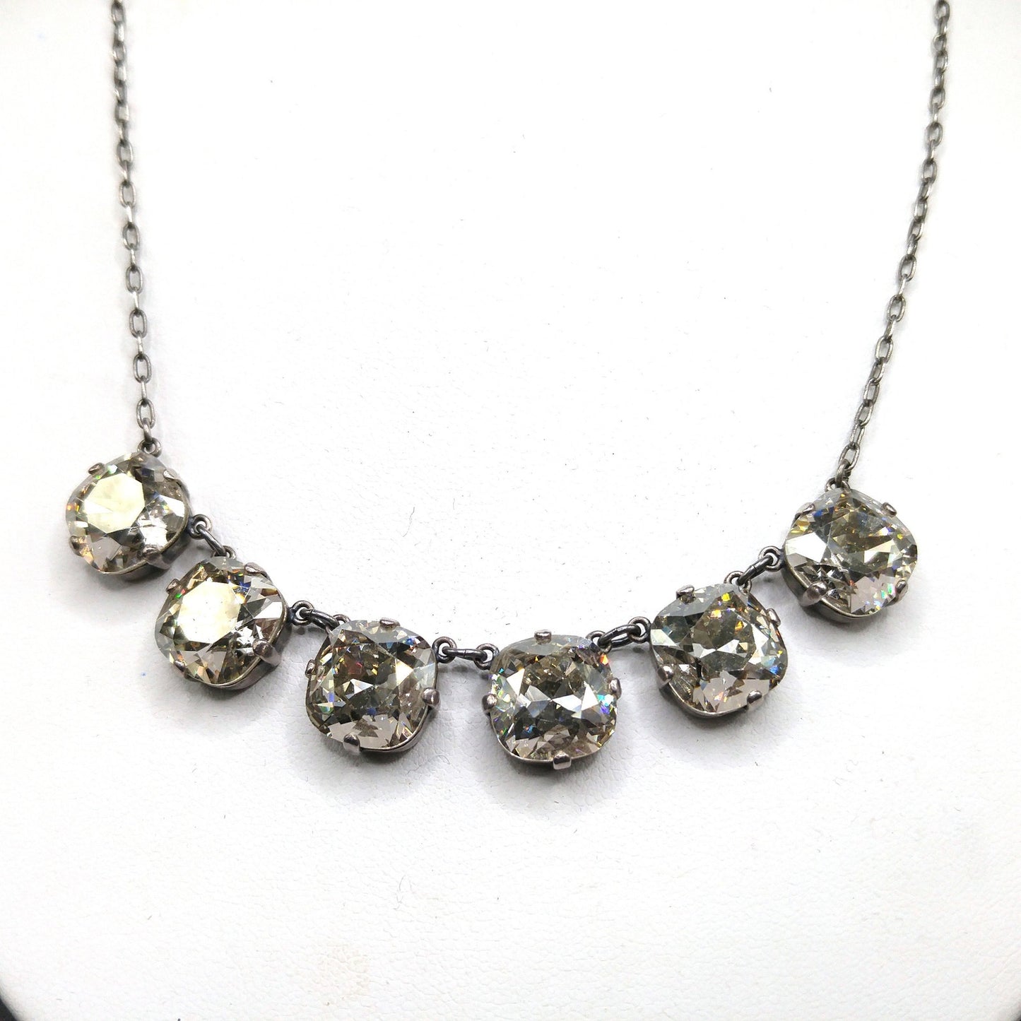 Catherine Popesco Art Deco Style Necklace, Clear Crystal Rhinestones, Silver Plated French Jewelry, 1980s Vintage Necklace
