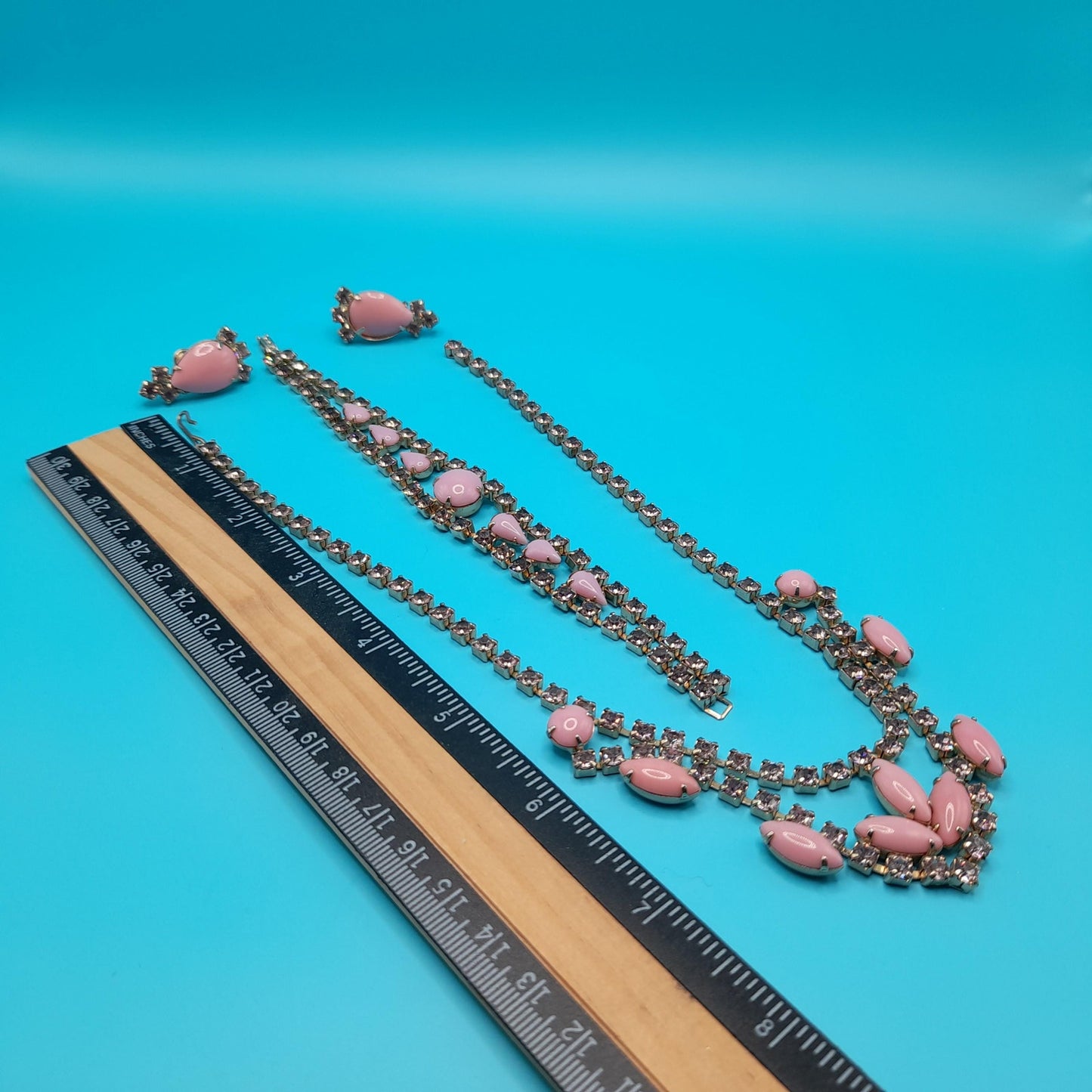 Vintage Pink Glass Rhinestone Jewelry Set: Choker Bracelet Screw-back Earrings, 1950s