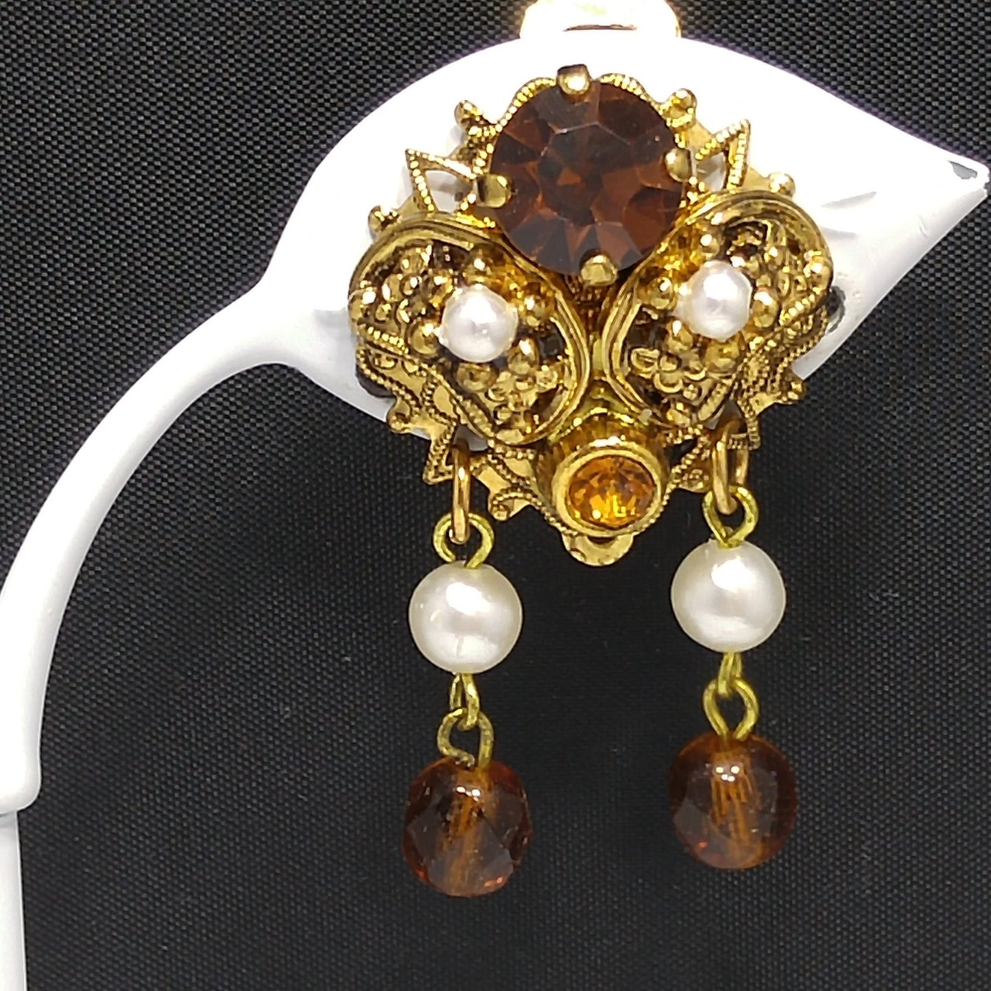 Western Germany Topaz Filigree Clip Earrings, Faux Pearls, 1950s Vintage Jewelry