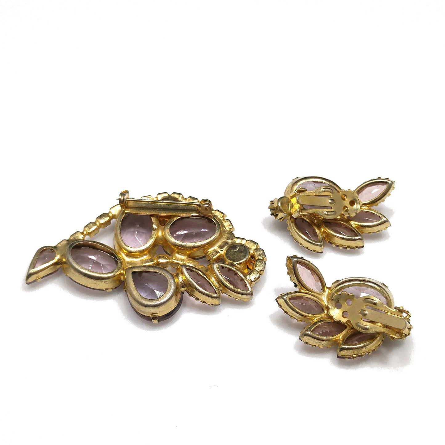 Lavender Rhinestone Brooch & Earrings, Aurora Borealis, 1960s Vintage Jewelry