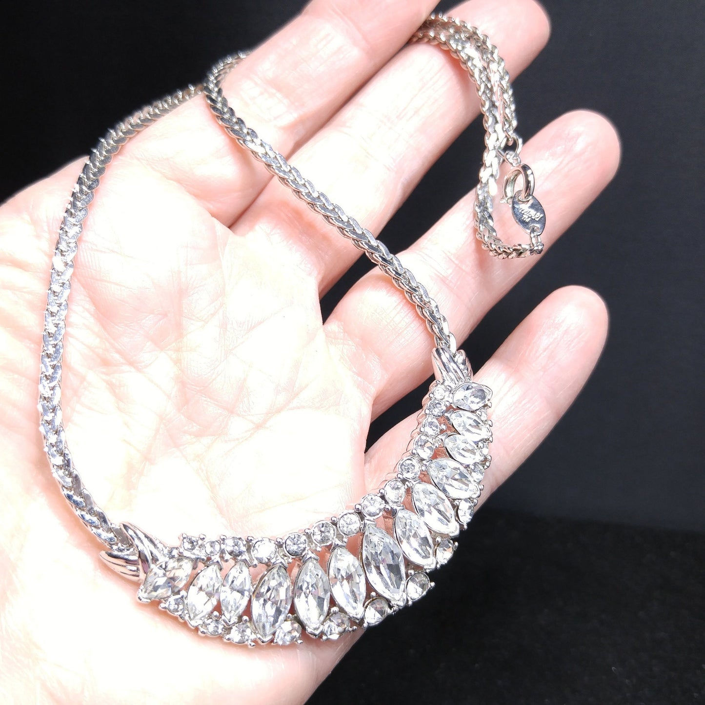 Trifari TM Clear Rhinestone Frontal Necklace, Silver Tone, 1980s Vintage Jewelry
