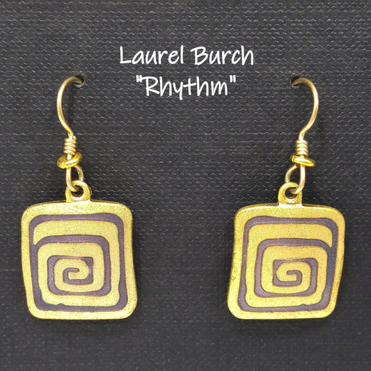 Vintage Laurel Burch "Rhythm" Earrings, Gold Plated, Brown Enamel