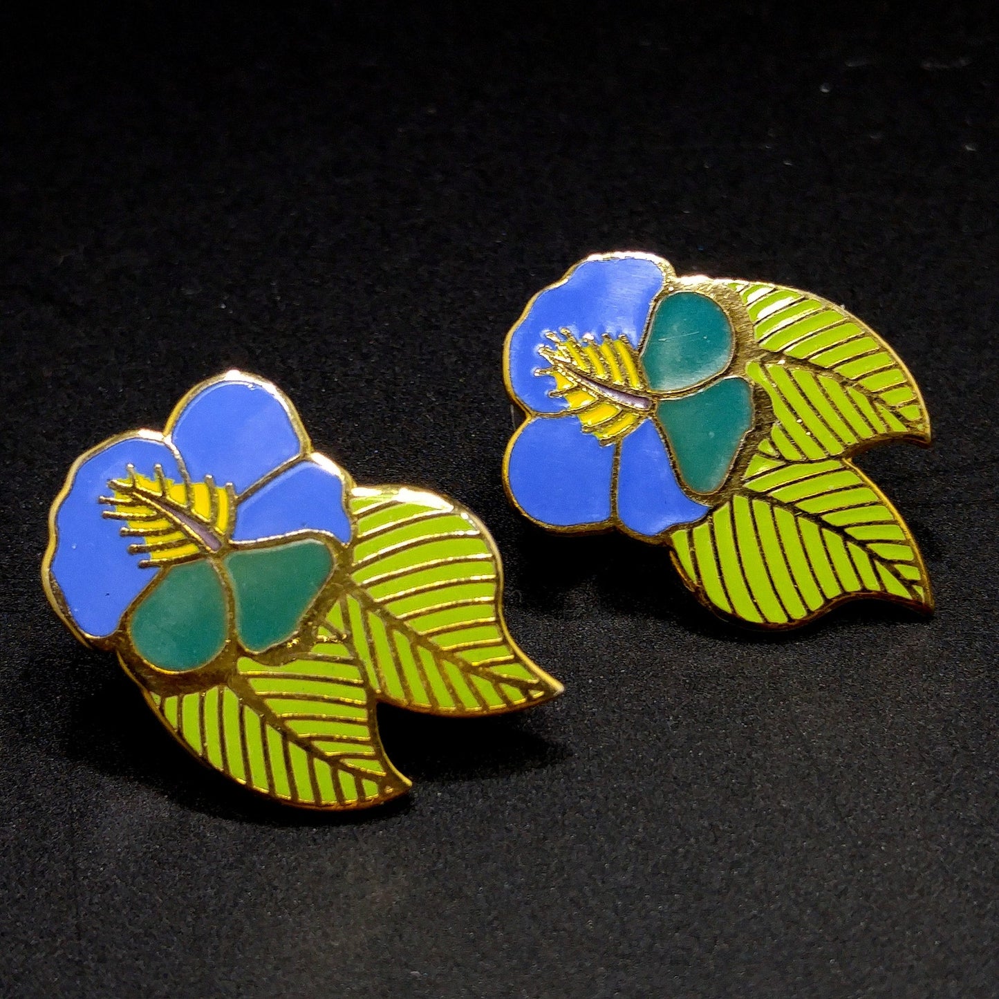 Vintage Laurel Burch Blue Green "Hibiscus" Post Earrings, Gold Plated