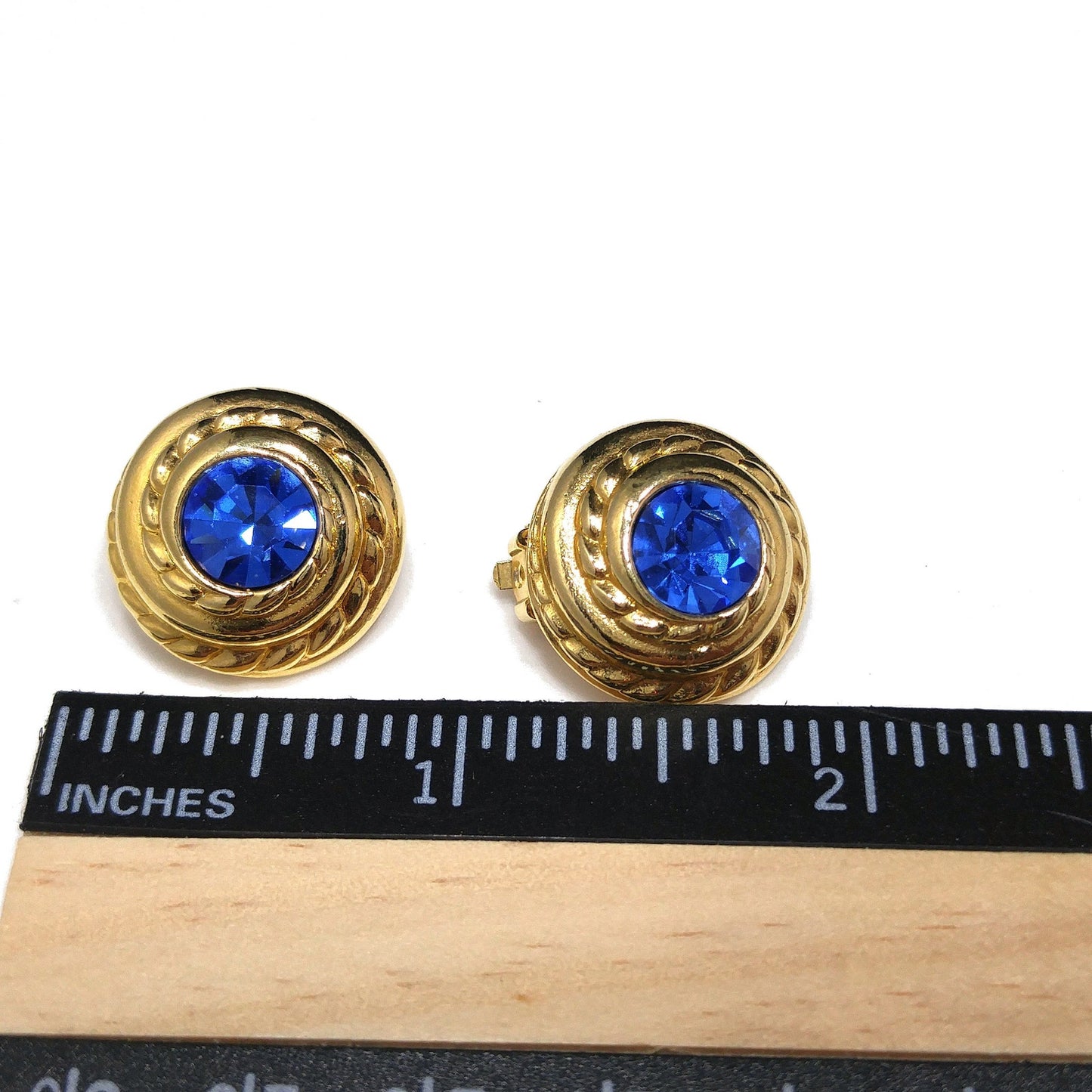 Swarovski Blue Crystal Clip Earrings, Gold Plated Round, 1990s Vintage
