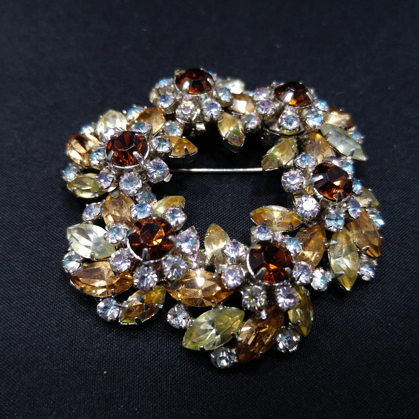 Austrian Floral Wreath Crystal Brooch, Rhodium Plated, 1960s Vintage Jewelry