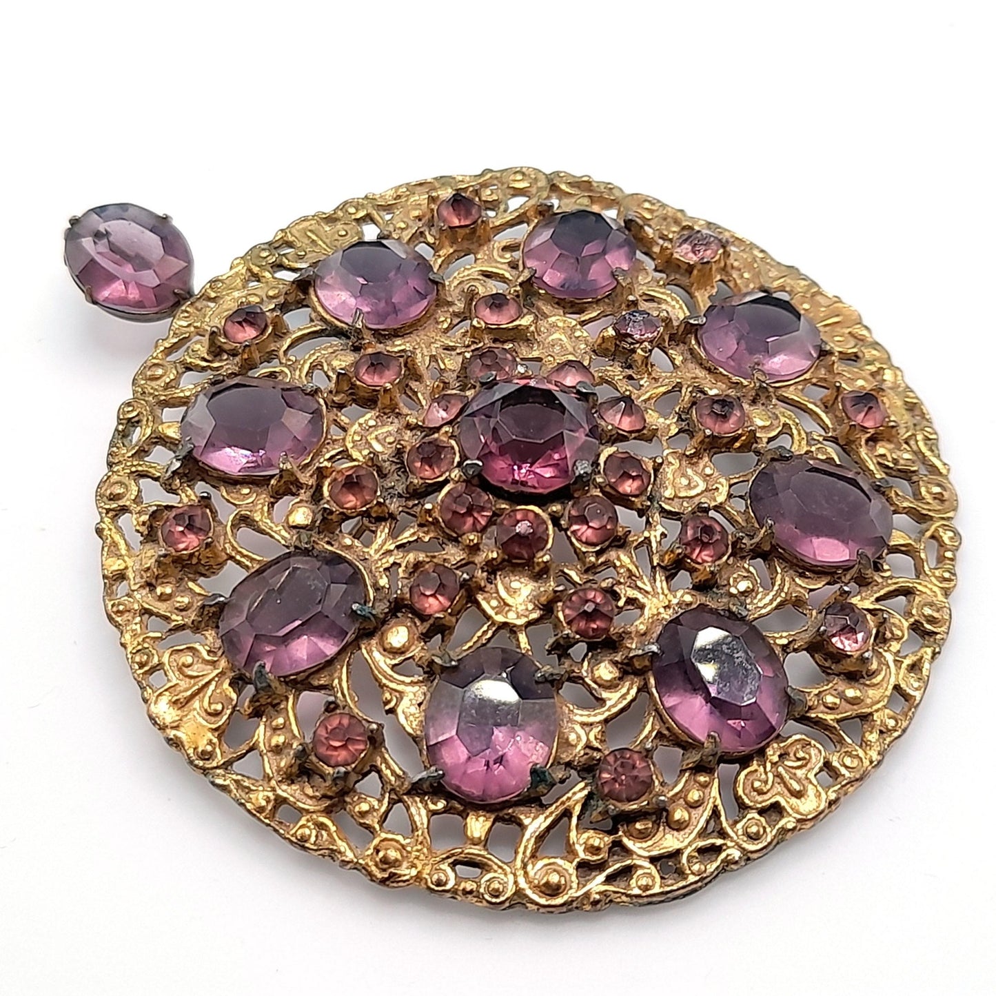 Vintage 1930s Purple Glass Brooch Pendant, Pot Metal, 3 1/2 Inches