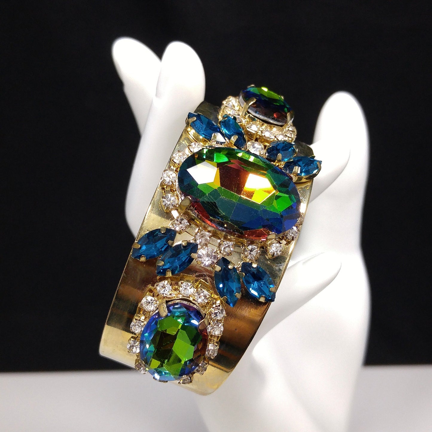 Brass Cuff Bracelet, Watermelon Crystal Rhinestones, Golden Brass, Clear & Sapphire Blue Rhinestones, Vintage Jewelry