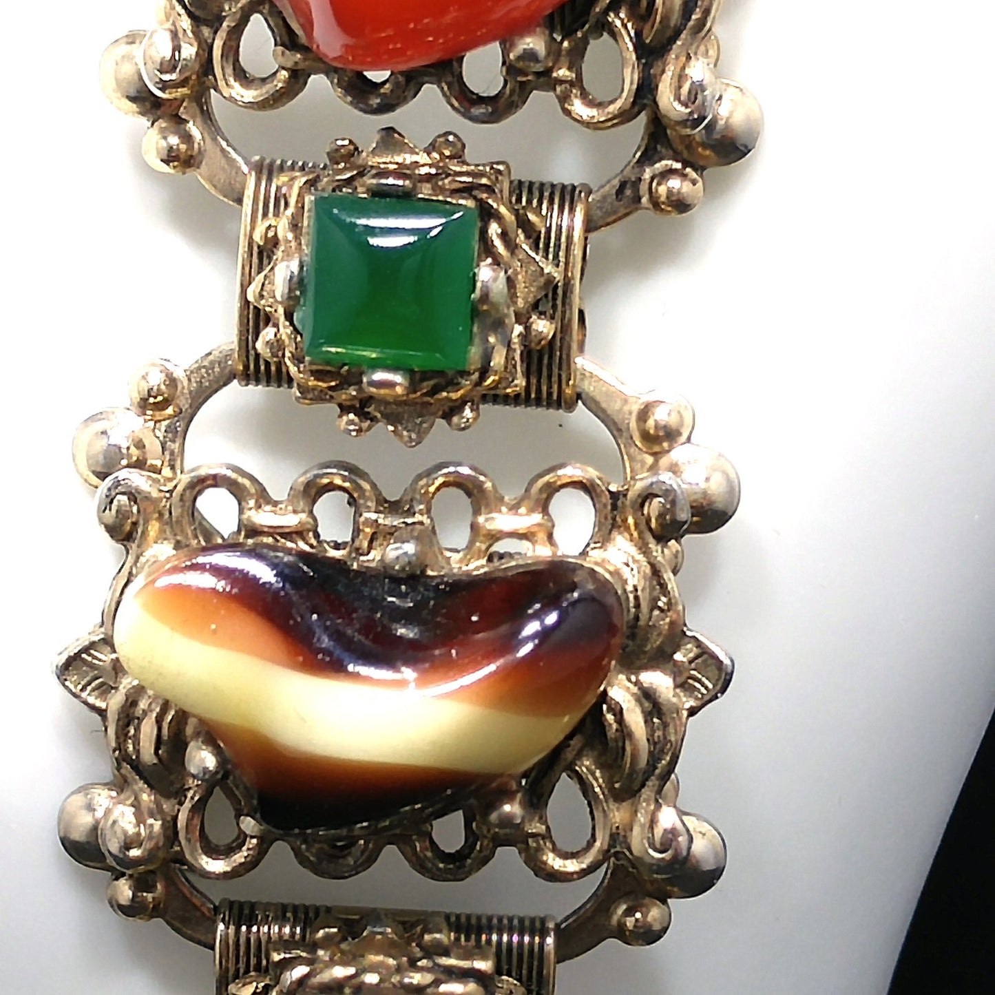 Vintage Book Chain Glass Links Bracelet, Green Red Brown White Glass, 1950s Vintage Jewelry