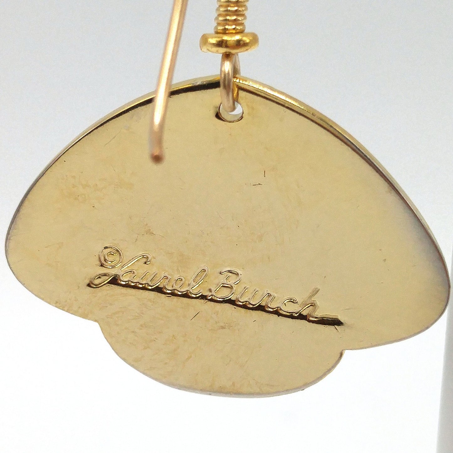 Vintage Laurel Burch Beige Enamel Drop Earrings, Gold Plated