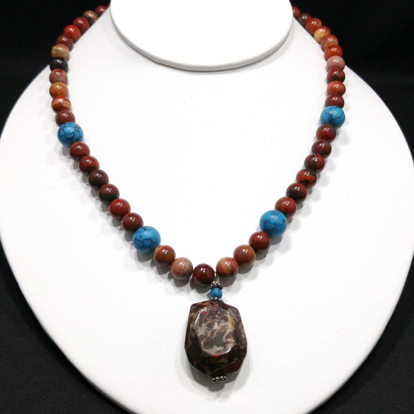 Gemstone Pendant Beaded Necklace, Red Jasper, 1980s Vintage Jewelry