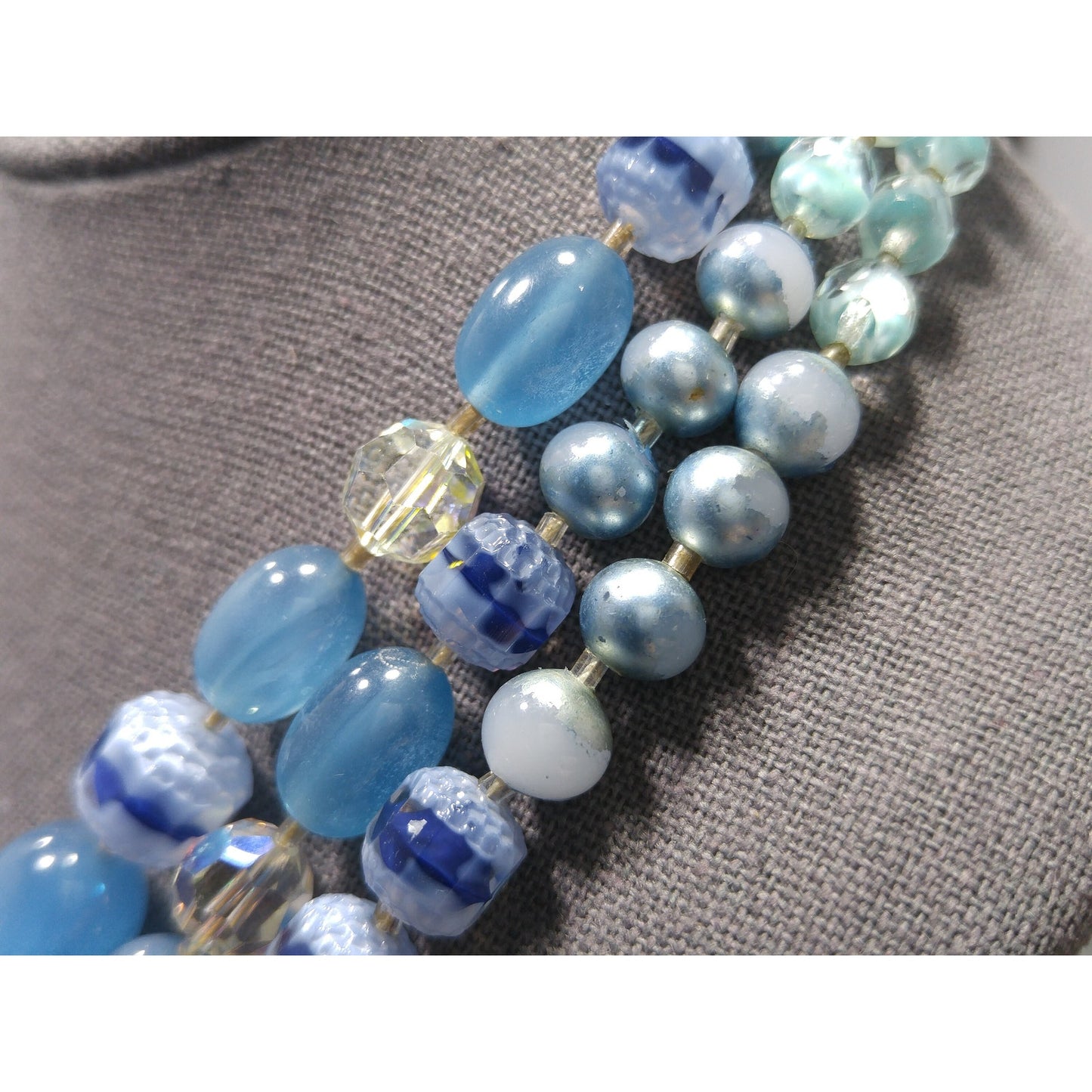 Blue Moonglow Crystal Art Glass Beaded Necklace, Three Strands, Crystal Clasp, 1950s Vintage Jewelry