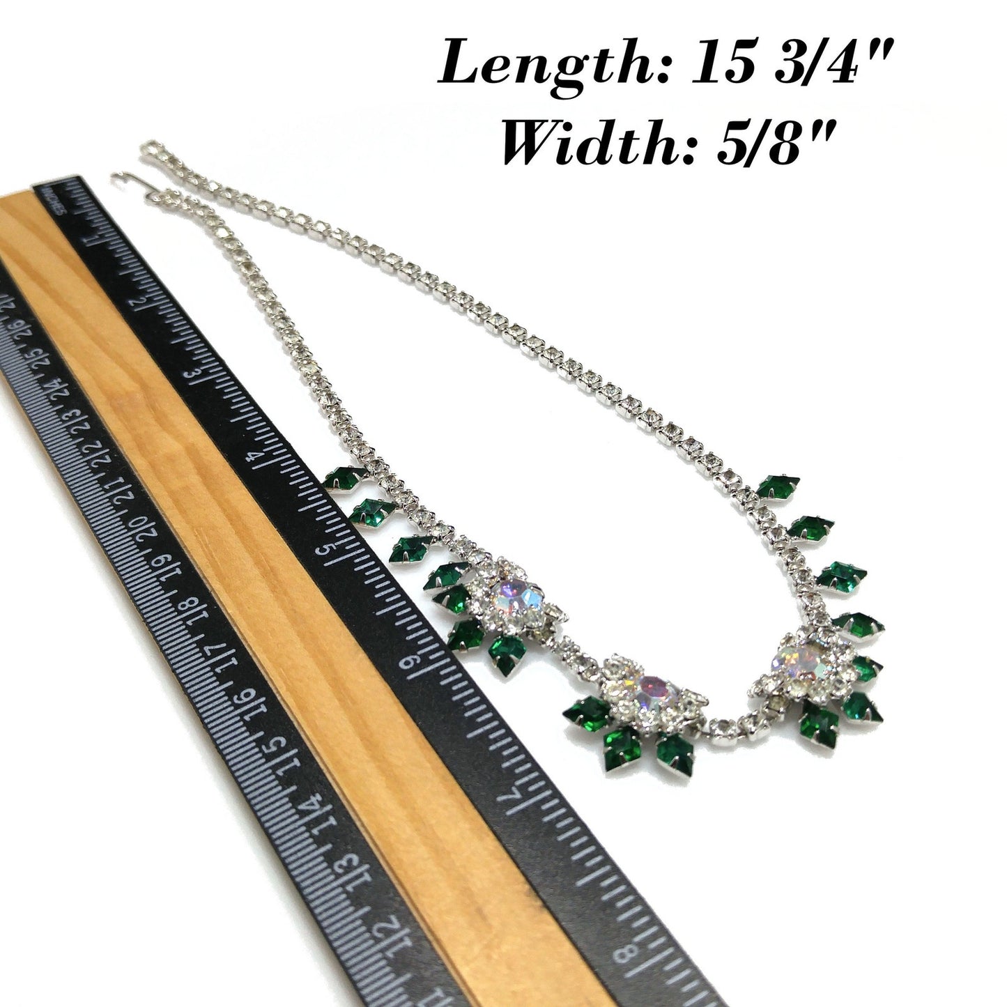 Vintage Green Clear Rhinestone Choker Necklace, Aurora Borealis, Rhodium Plated, 1960s Vintage Jewelry