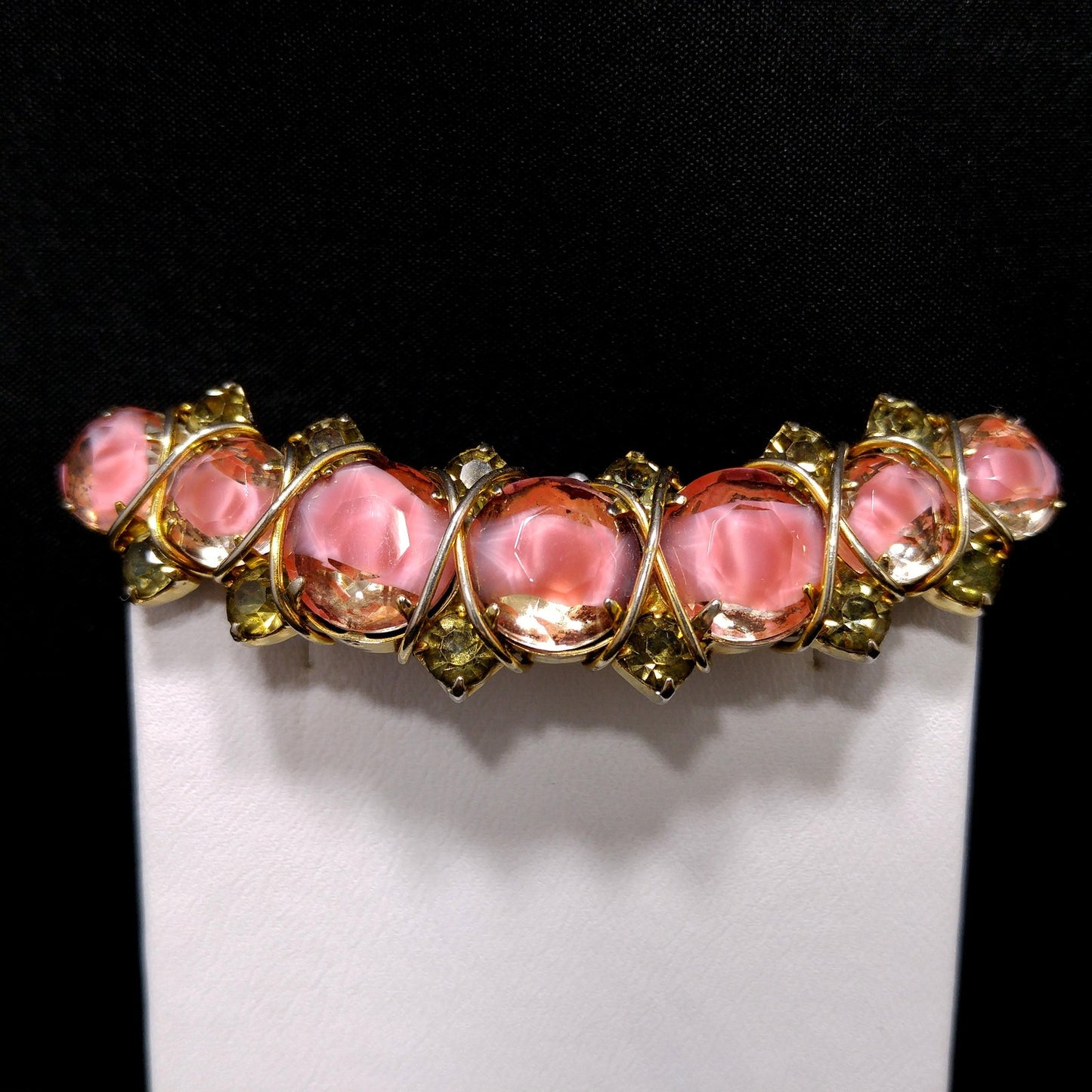 Hattie Carnegie Pink Art Glass Brooch, Gold Plated, Wire Wrapped, 1960s Vintage Jewelry