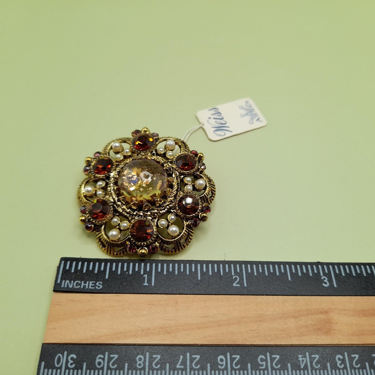 Vintage Weiss Fire Opal Dragons Breath Topaz Brooch Pendant, Faux Pearls, 1960s