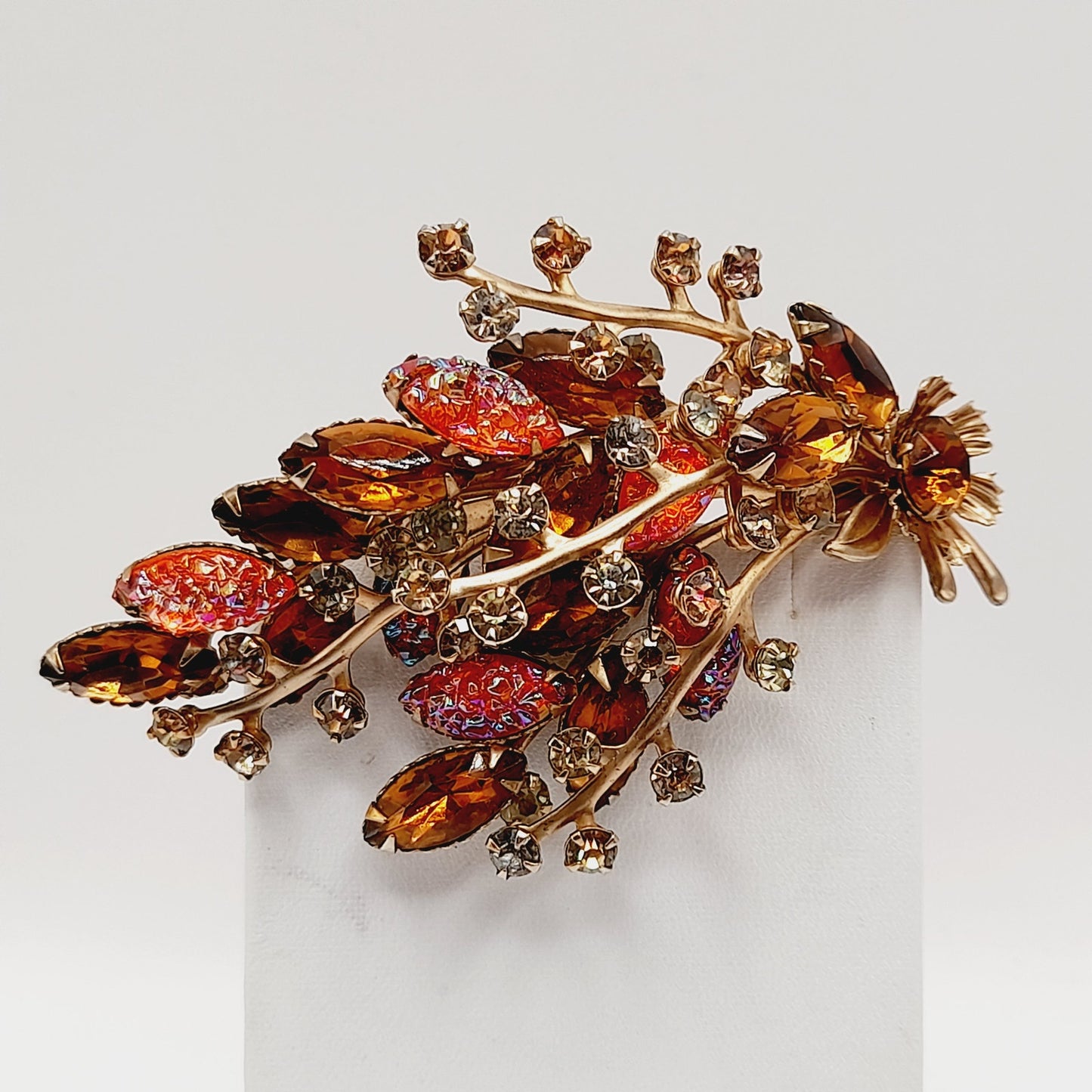 Vintage Amber Orange Rhinestone Leaf Brooch, 3D Layered, 1950s