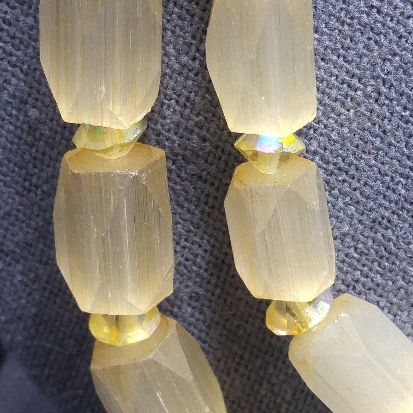 Czech Art Glass Hand Cut Satin Bead Necklace, Yellow Fire Polished Crystals