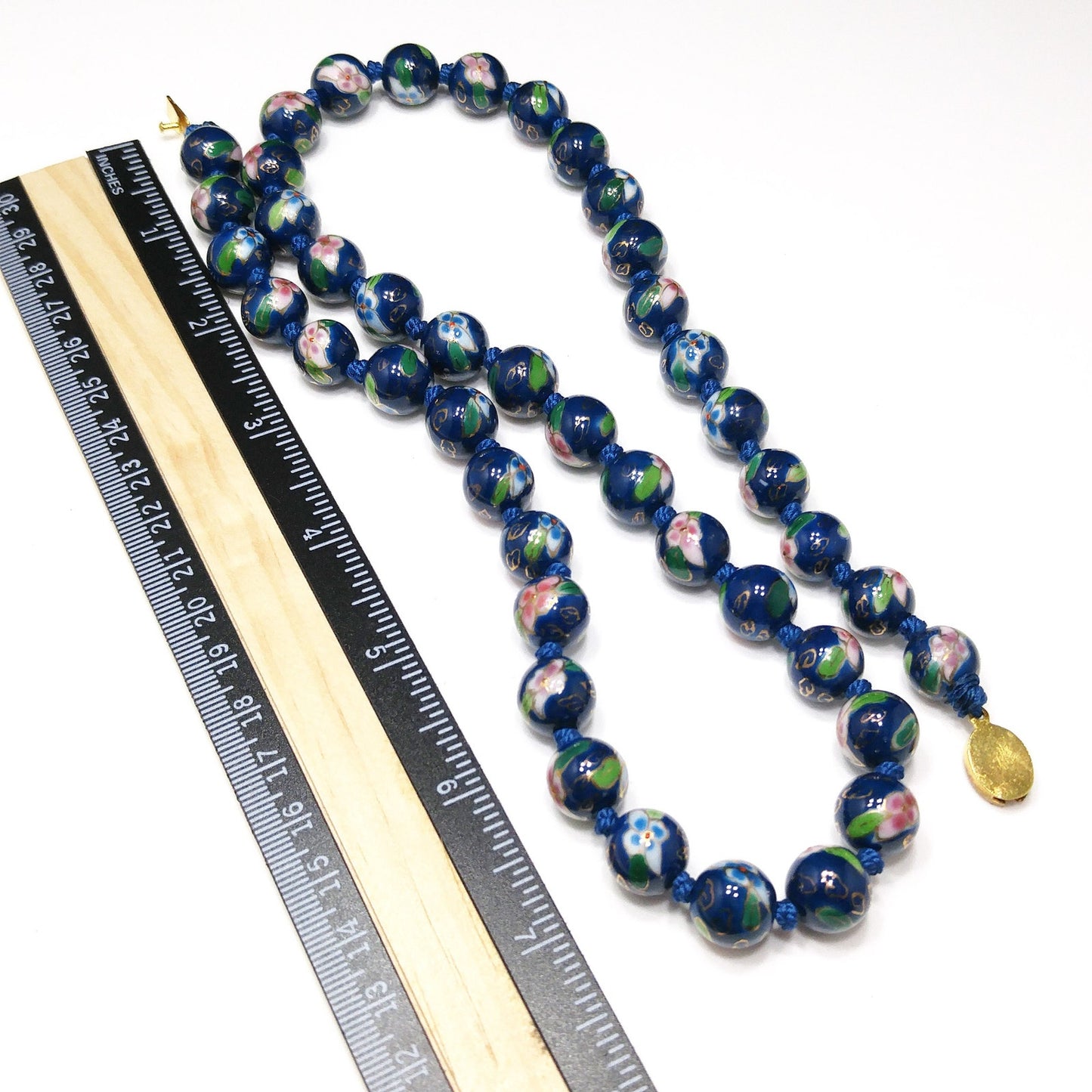 Vintage Chinese Hand Knotted Beaded Necklace, Blue Hand Painted Floral Beads, 1960s Vintage Jewelry
