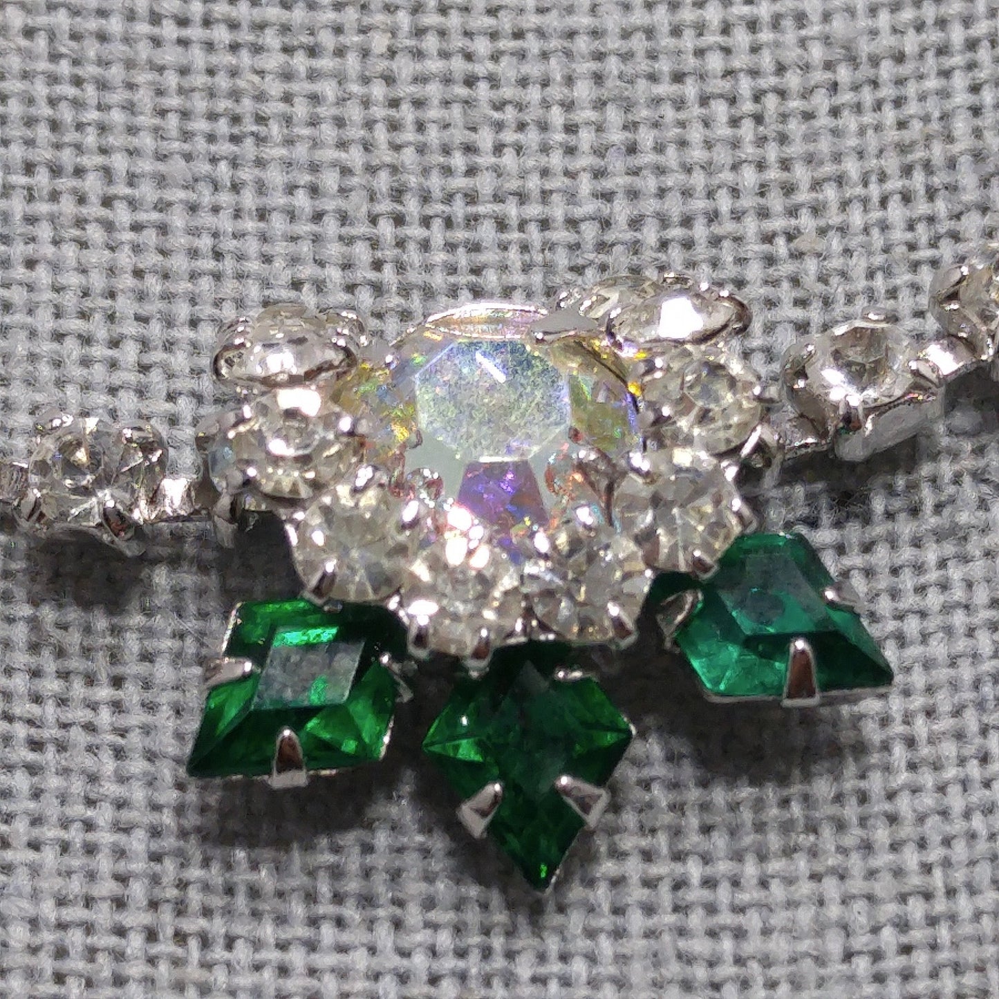 Vintage Green Clear Rhinestone Choker Necklace, Aurora Borealis, Rhodium Plated, 1960s Vintage Jewelry