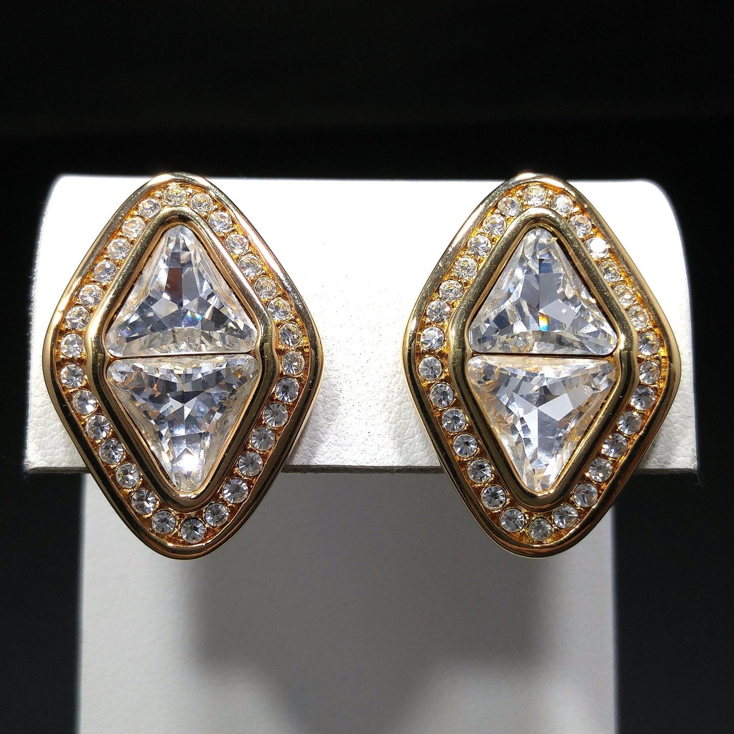 Vintage Swarovski Swan Logo Clear Crystal Clip Earrings Gold Plated 1990s