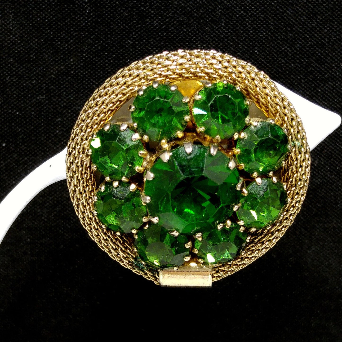 Weiss Green Rhinestone Gold Mesh Earrings, Emerald Green, Gold Plated, 1950s Vintage Jewelry