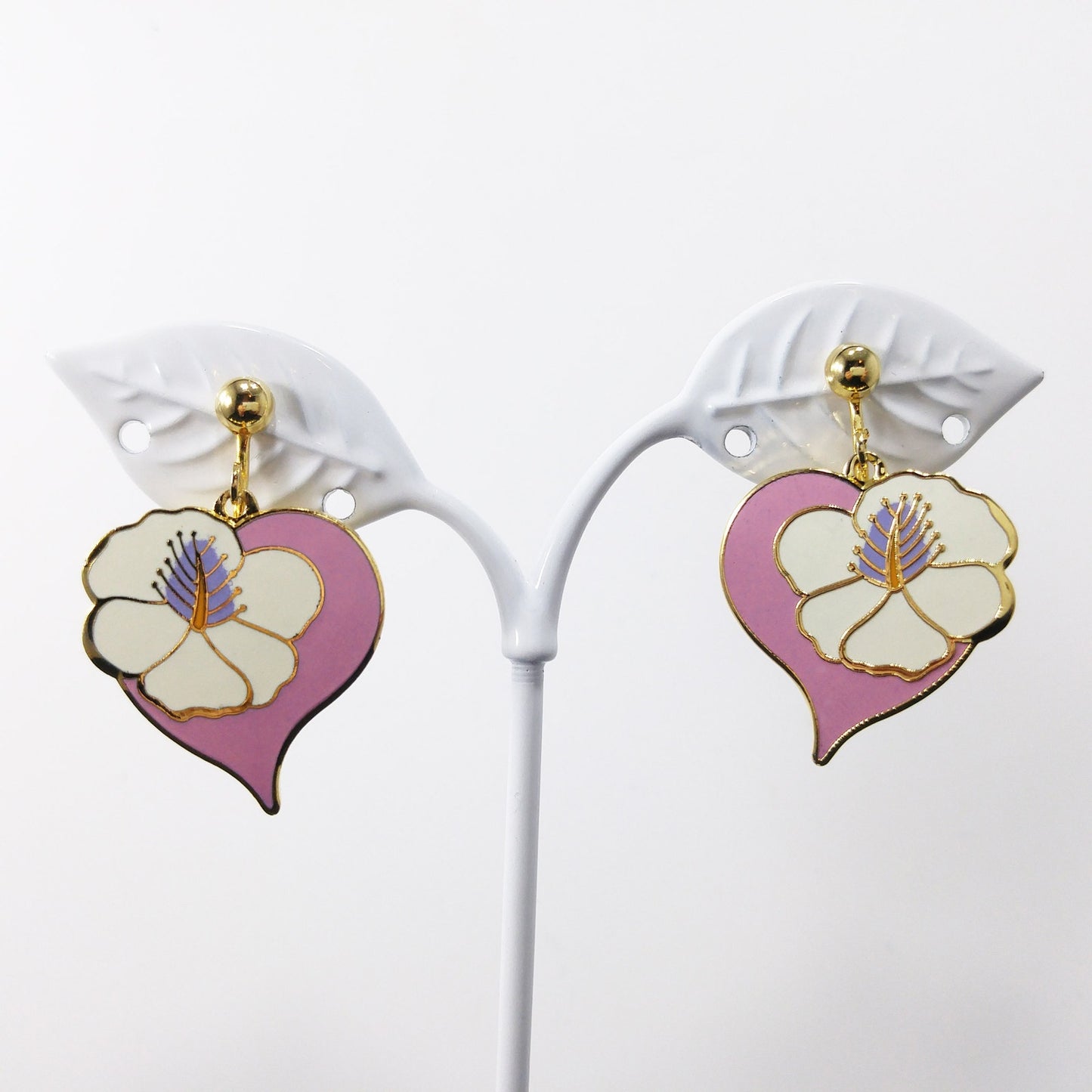 Vintage Laurel Burch "Hibiscus Heart" Clip Earrings, Cloisonne Gold Plated, 1980