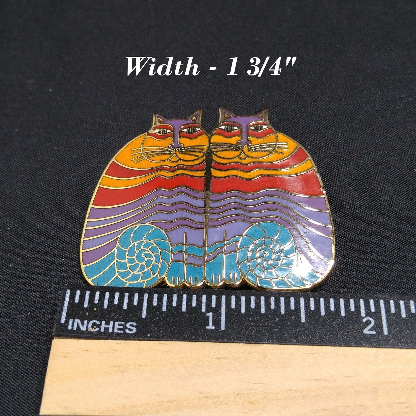 Laurel Burch "Rainbow Cats" Two Cat Brooch, Gold Plated Cloisonne Enamel, 1980s Vintage Jewelry