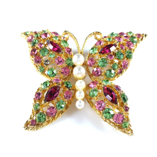Vintage Pastel Rhinestone Butterfly Brooch, Faux Pearl Body, Uranium Glass, Vintage Jewelry