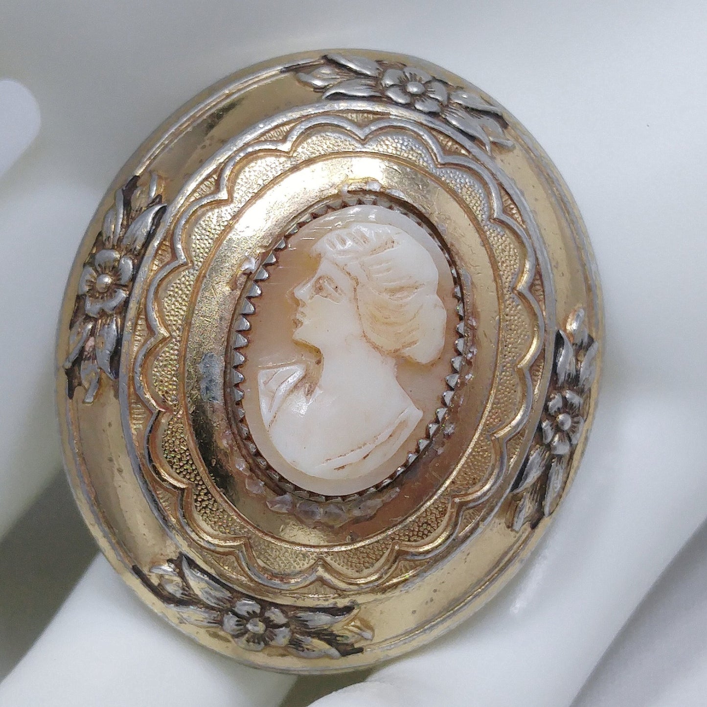 Coro Shell Carved Cameo Brooch, Gold Over Silver, 1950s Vintage Jewelry