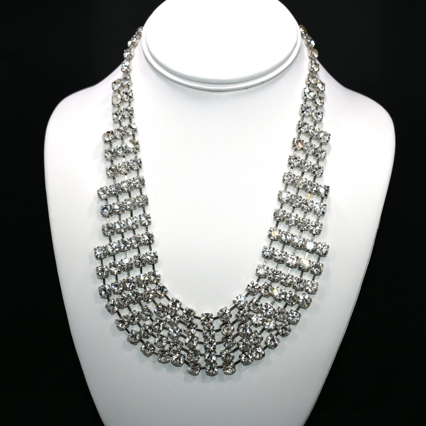 Vintage Clear Rhinestone Frontal Necklace, Rhodium Plating, 18 1/2 Inches, 1980s Vintage Jewelry
