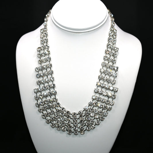 Vintage Clear Rhinestone Frontal Necklace, Rhodium Plating, 18 1/2 Inches, 1980s Vintage Jewelry