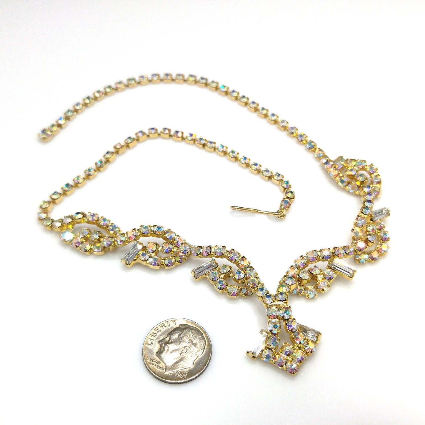Vintage Aurora Borealis Rhinestone Choker Necklace, 3D Design, Gold Plated, 1960s Vintage Jewelry