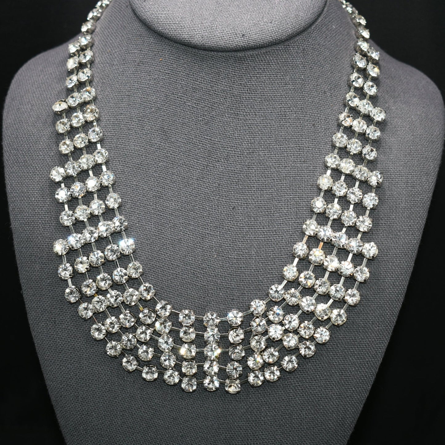 Vintage Clear Rhinestone Frontal Necklace, Rhodium Plating, 18 1/2 Inches, 1980s Vintage Jewelry