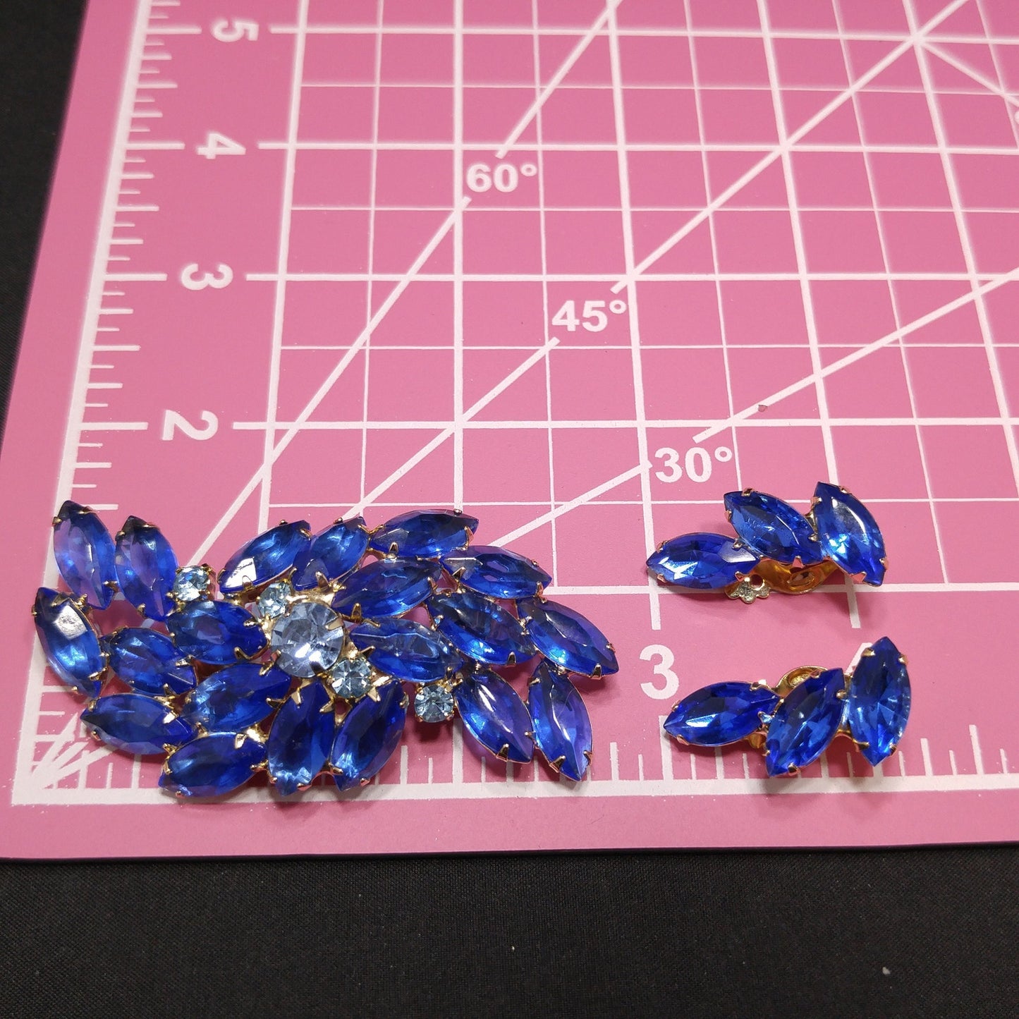Vintage Royal Light Blue Rhinestone Brooch Earring Set, Gold Plated, 1960s Vintage Jewelry