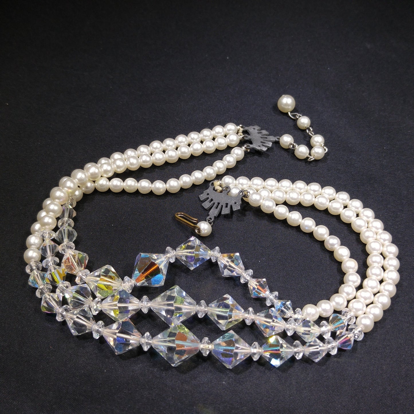 Faux Pearl AB Crystal Beaded Necklace, 3 Strands, 1950s Vintage Jewelry