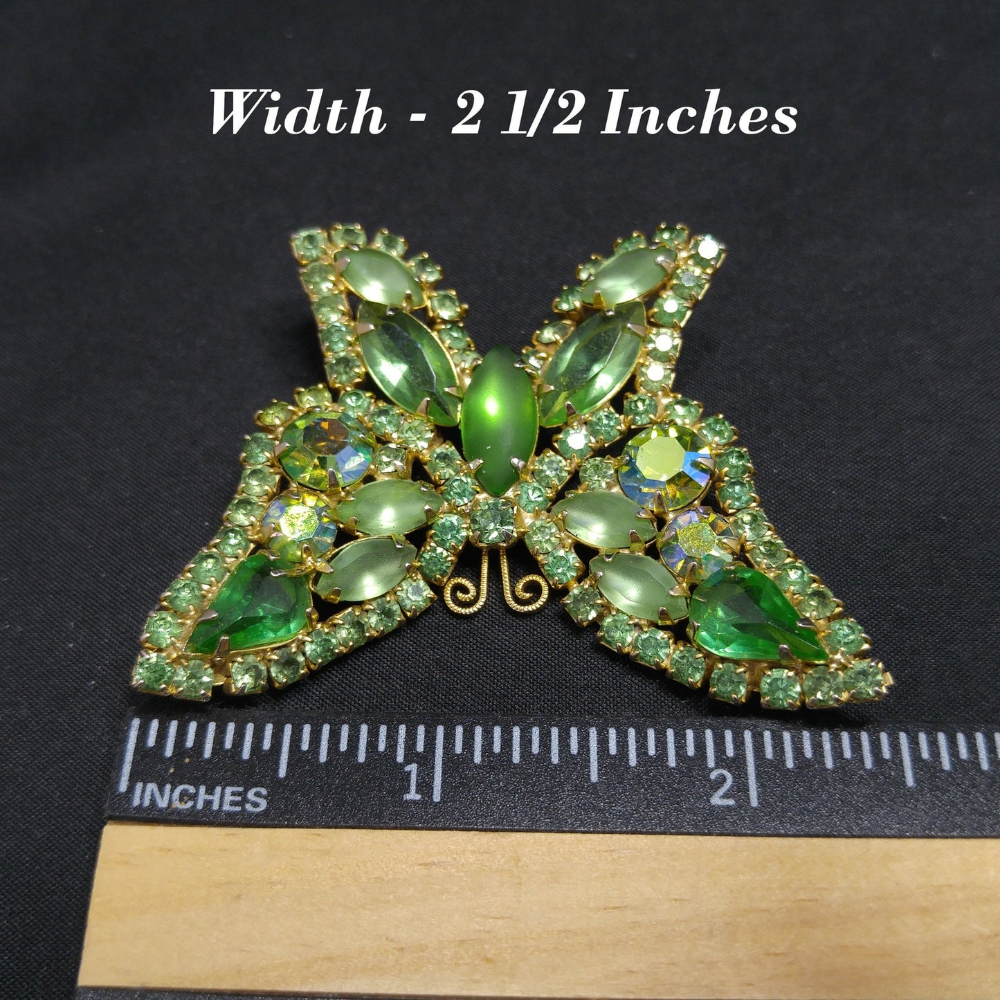 Vintage Weiss Peridot Green Rhinestone Butterfly Brooch, Uranium Glass, Gold Plated, 1950s