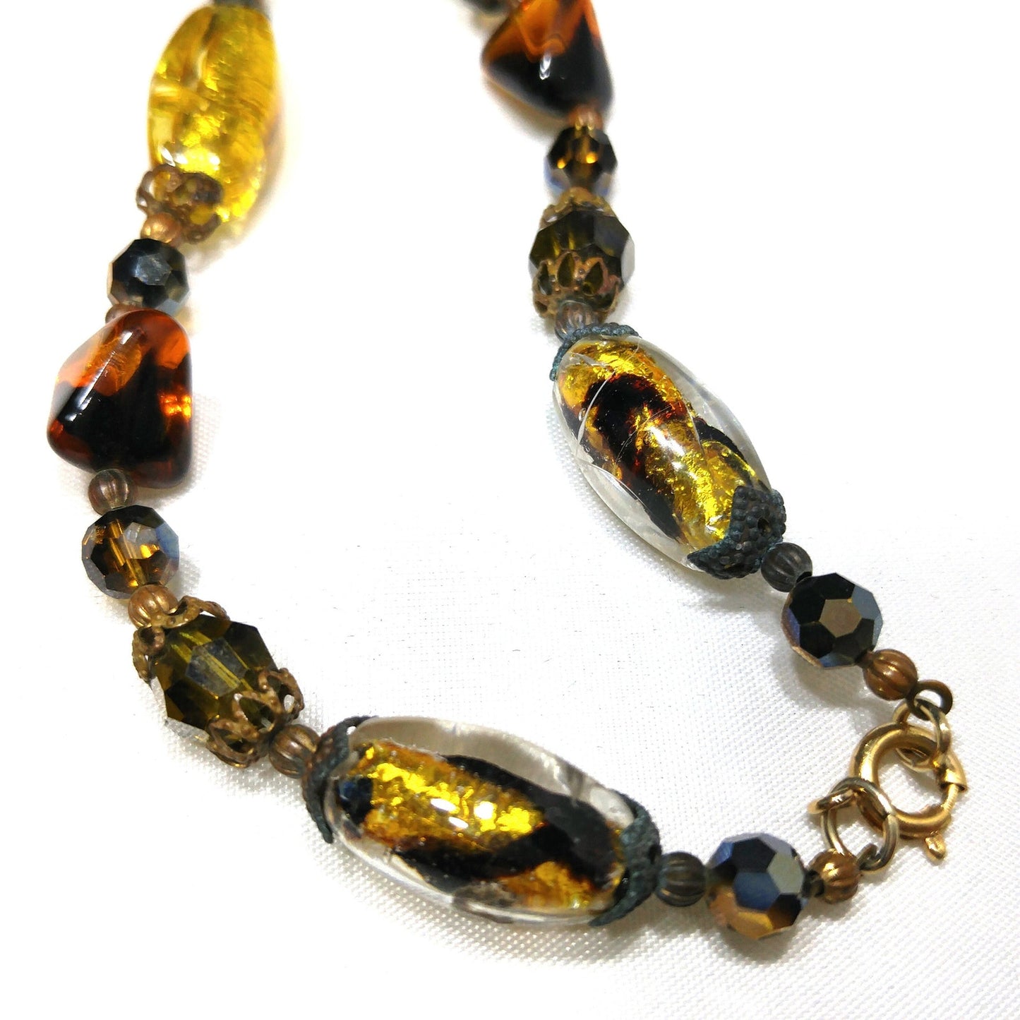Gold Foil Art Glass Autumn Beaded Necklace, Multi-strand Tassel, 1970s Vintage Jewelry