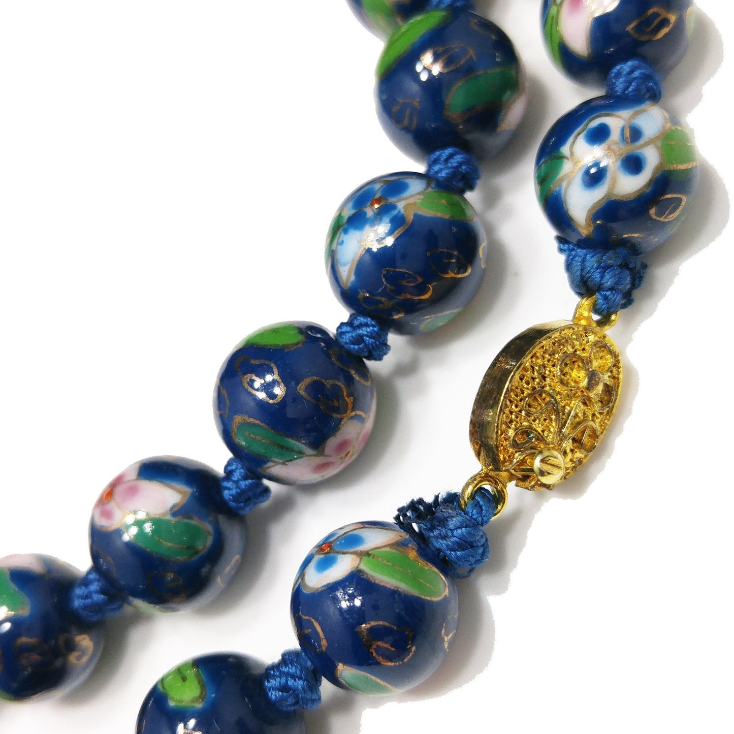 Vintage Chinese Hand Knotted Beaded Necklace, Blue Hand Painted Floral Beads, 1960s Vintage Jewelry
