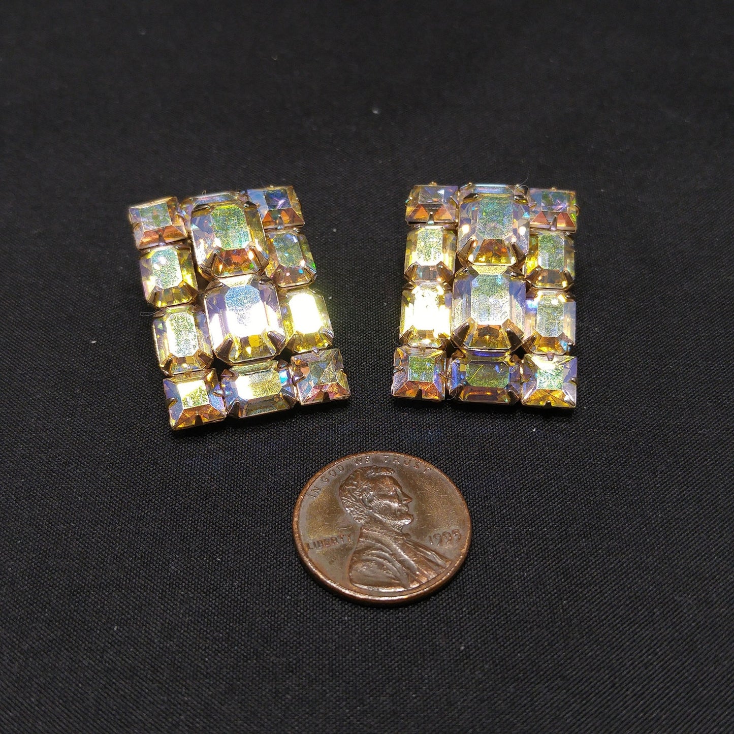 Weiss Aurora Borealis Emerald Cut Earrings, Gold Plating, 1960s Vintage Jewelry
